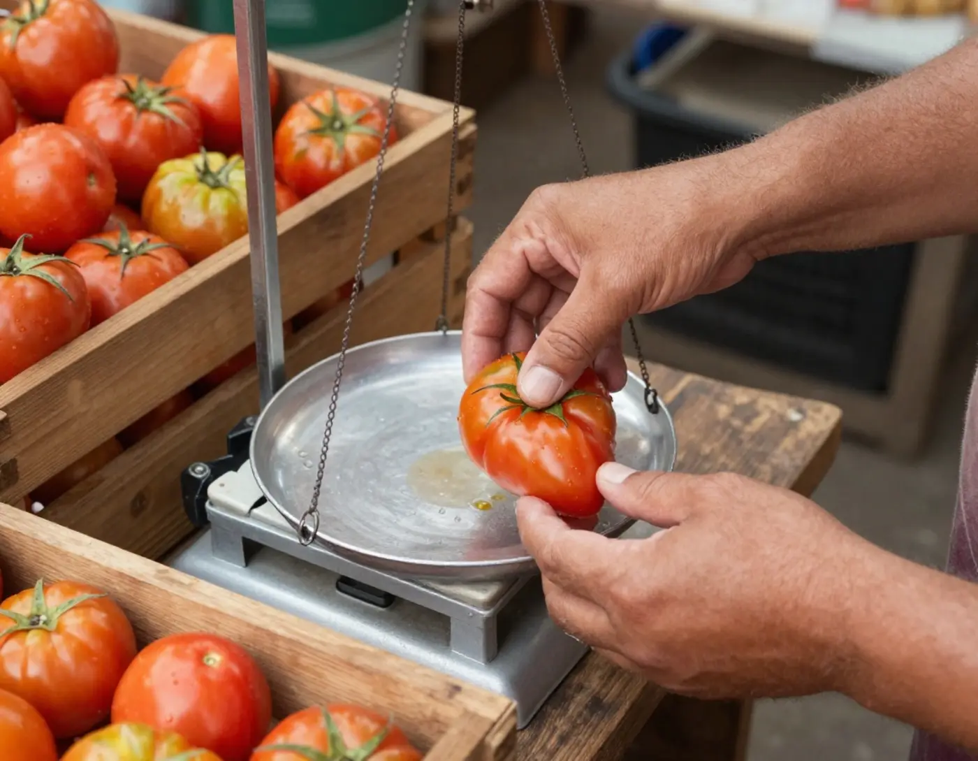 Balance de marché et cagette de tomates devant un étal, mains du commerçant en action