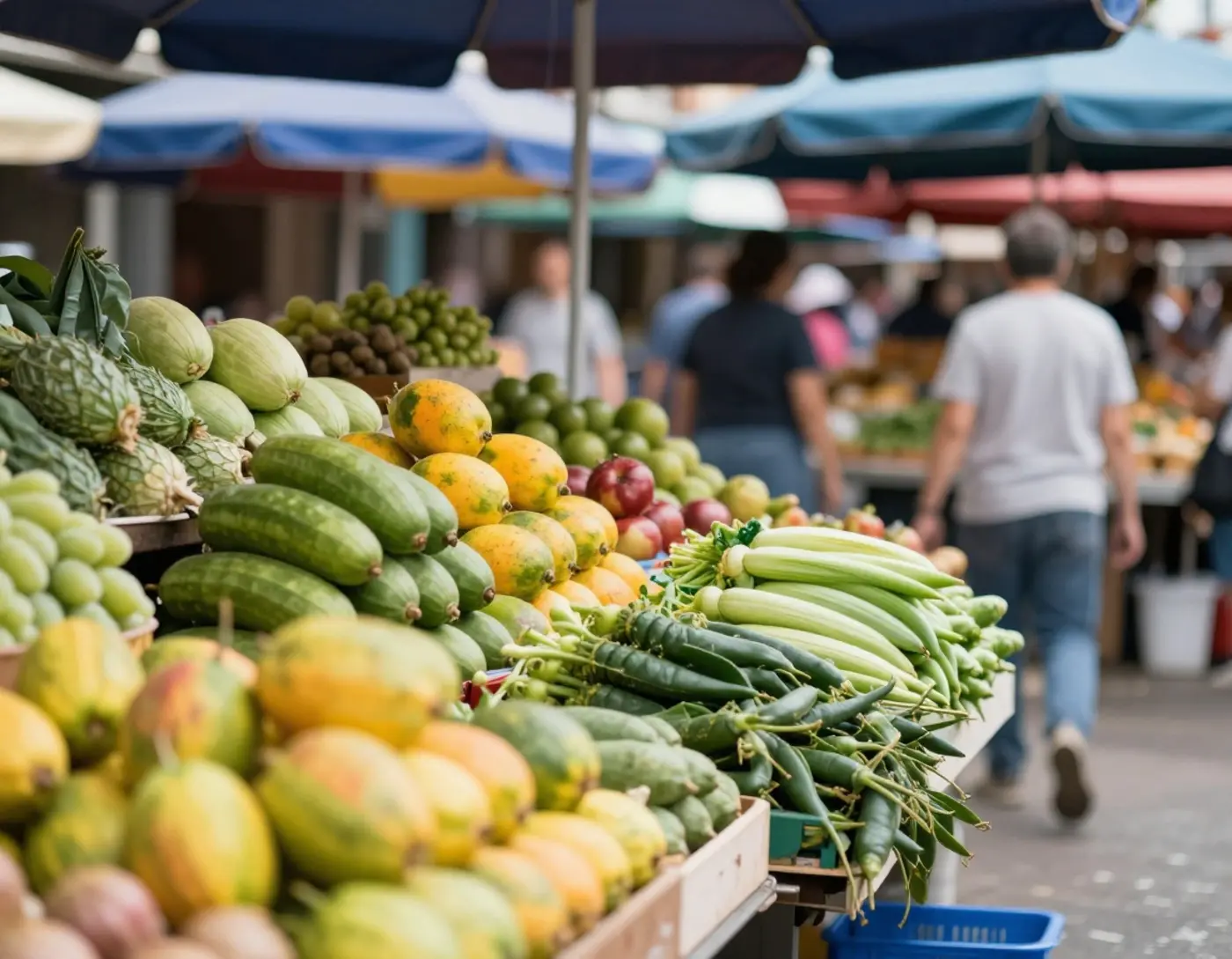 Allée d'un marché de plein air avec étals de fruits et légumes et passants au matin