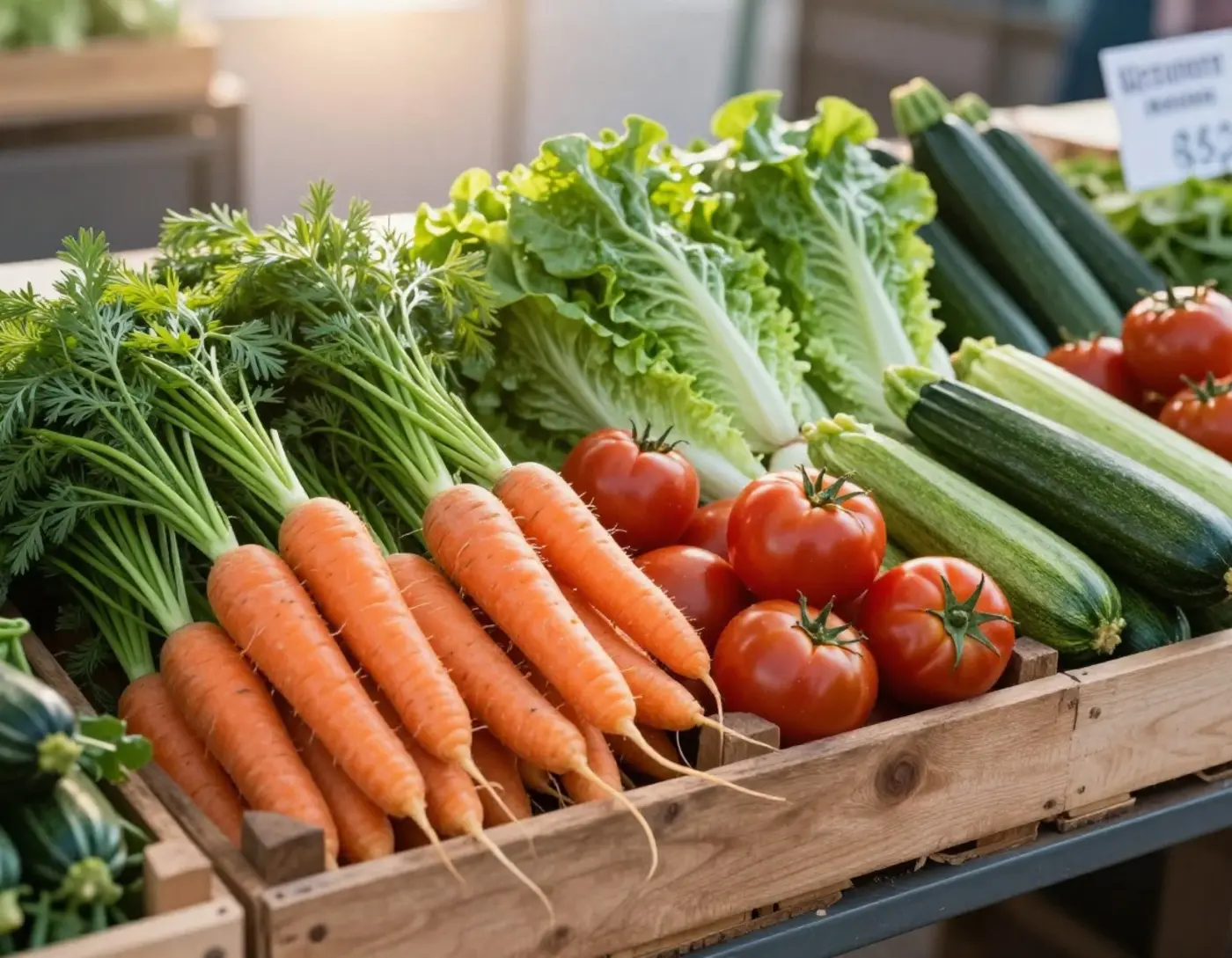 Étal de marché bio avec panneaux de prix et cagettes de légumes de plein champ
