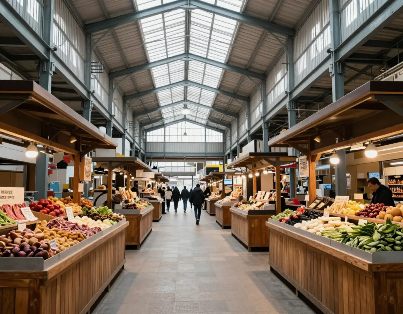 Halle de marché couverte avec étals en fer forgé et verrière, allée centrale dégagée