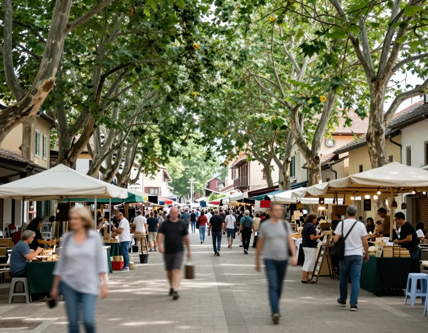 Place de village animée un jour de marché, étals et passants sous les platanes