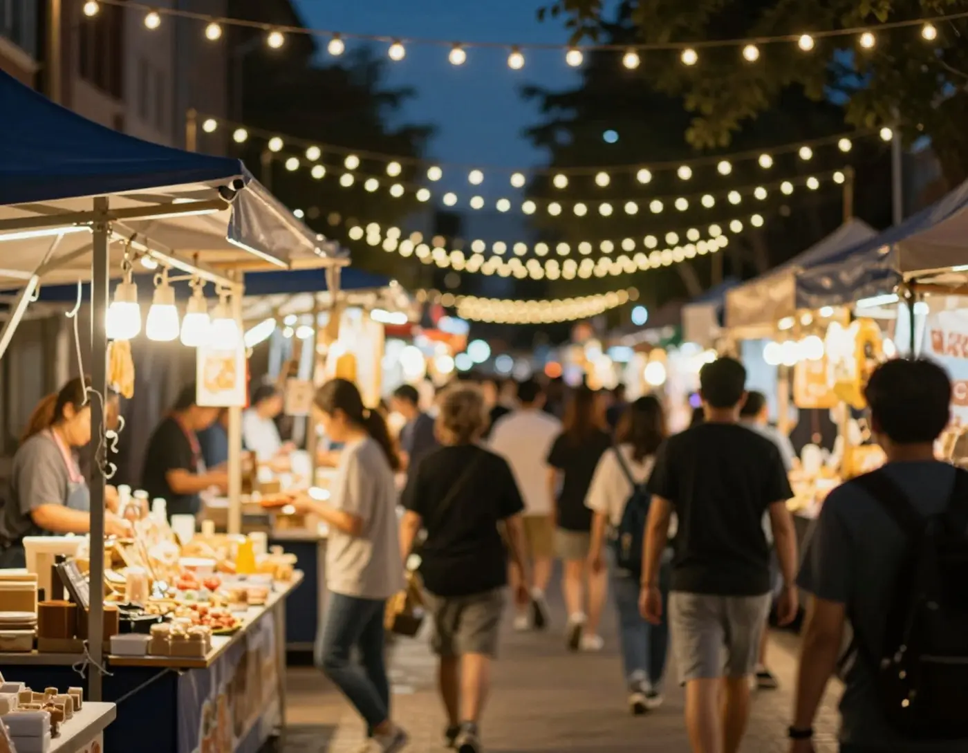 Marché nocturne sous des guirlandes lumineuses, étals éclairés dans une rue piétonne