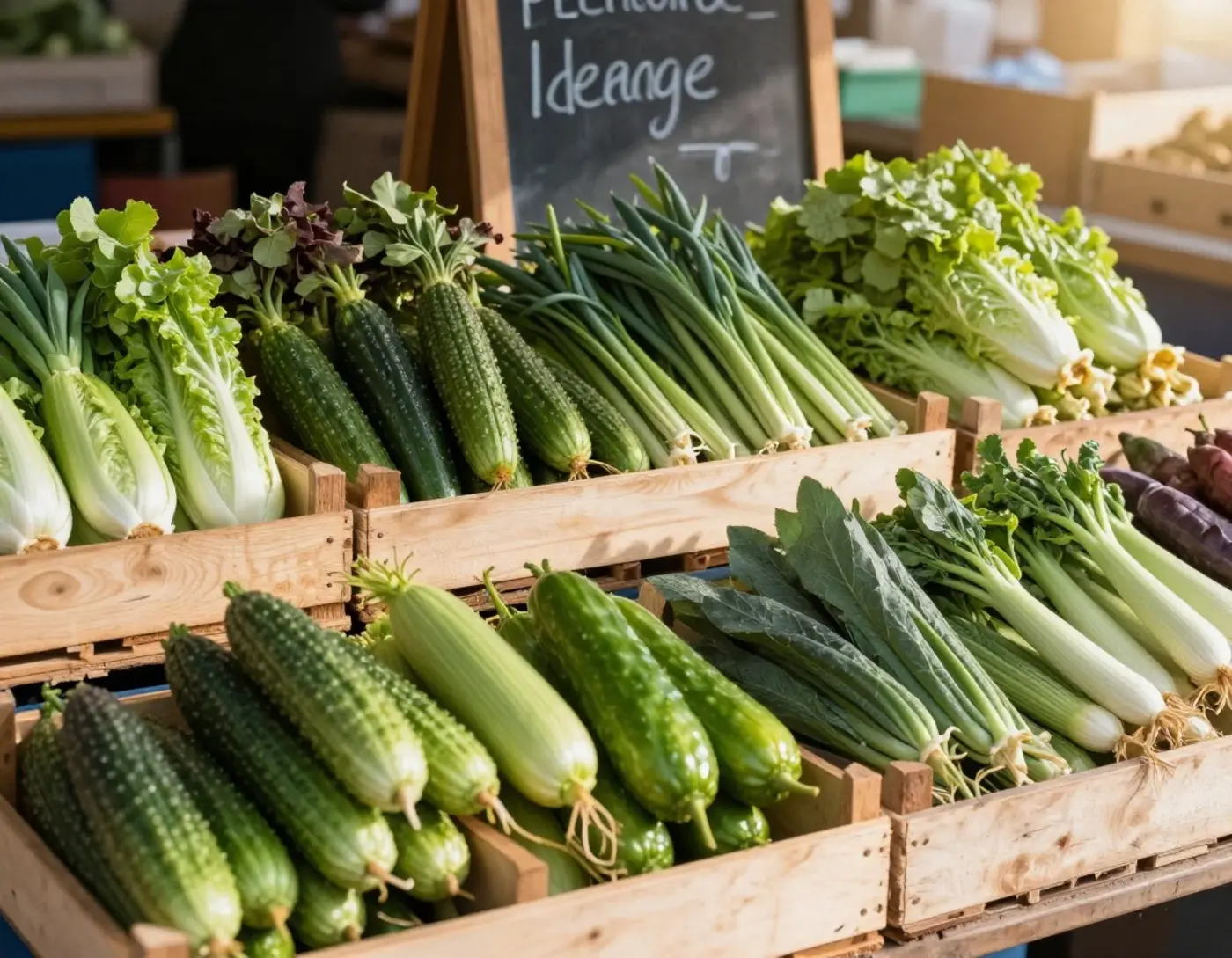 Étal de marché avec ardoise de prix et cageots de légumes de saison au petit matin