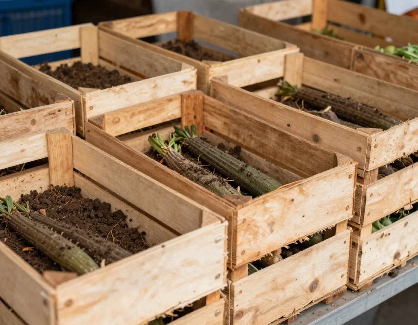 Cagettes de légumes fraîchement récoltés avec terre, posées sur un étal de marché