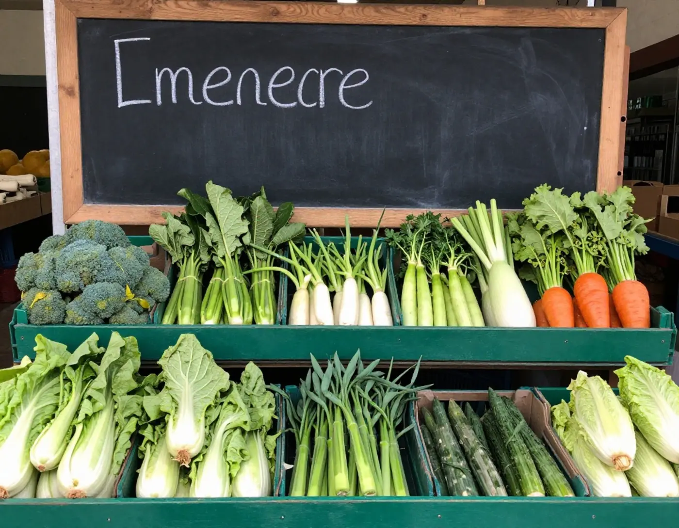 Étal de primeur avec cageots de légumes frais et ardoise de prix devant un étal