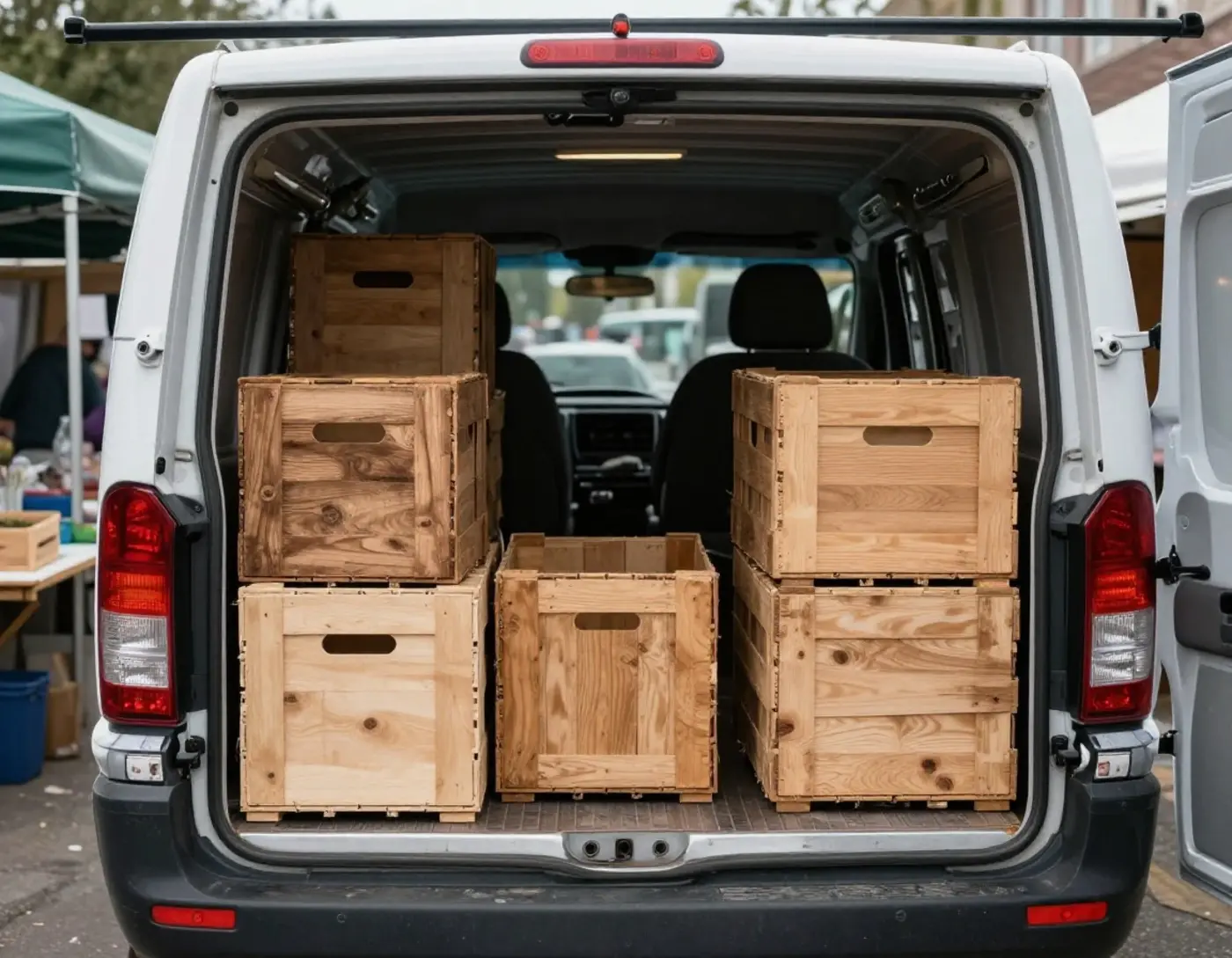 Camionnette de commerçant ouverte derrière un étal de marché en cours d'installation